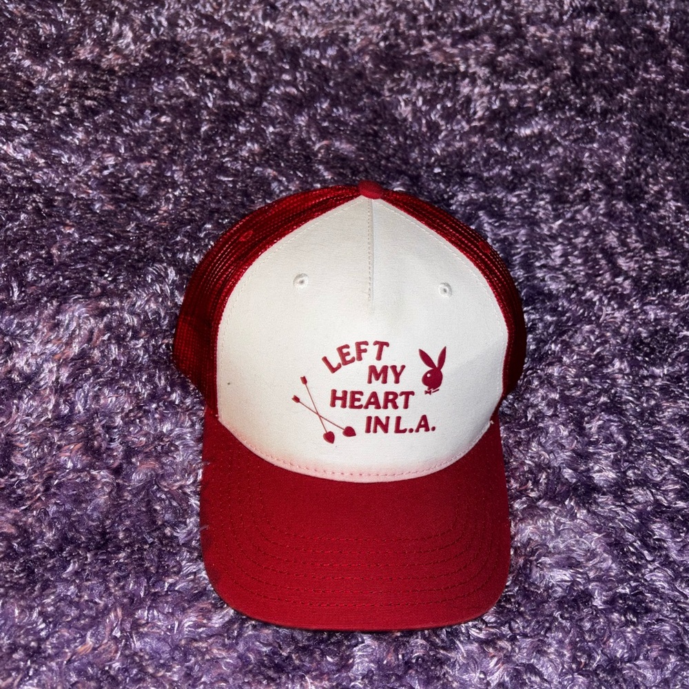 Red and White Trucker Hat with Heart Design